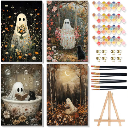 4 Pack Ghost Paint by Numbers for Adults with Framed Canvas - Wooden Easel