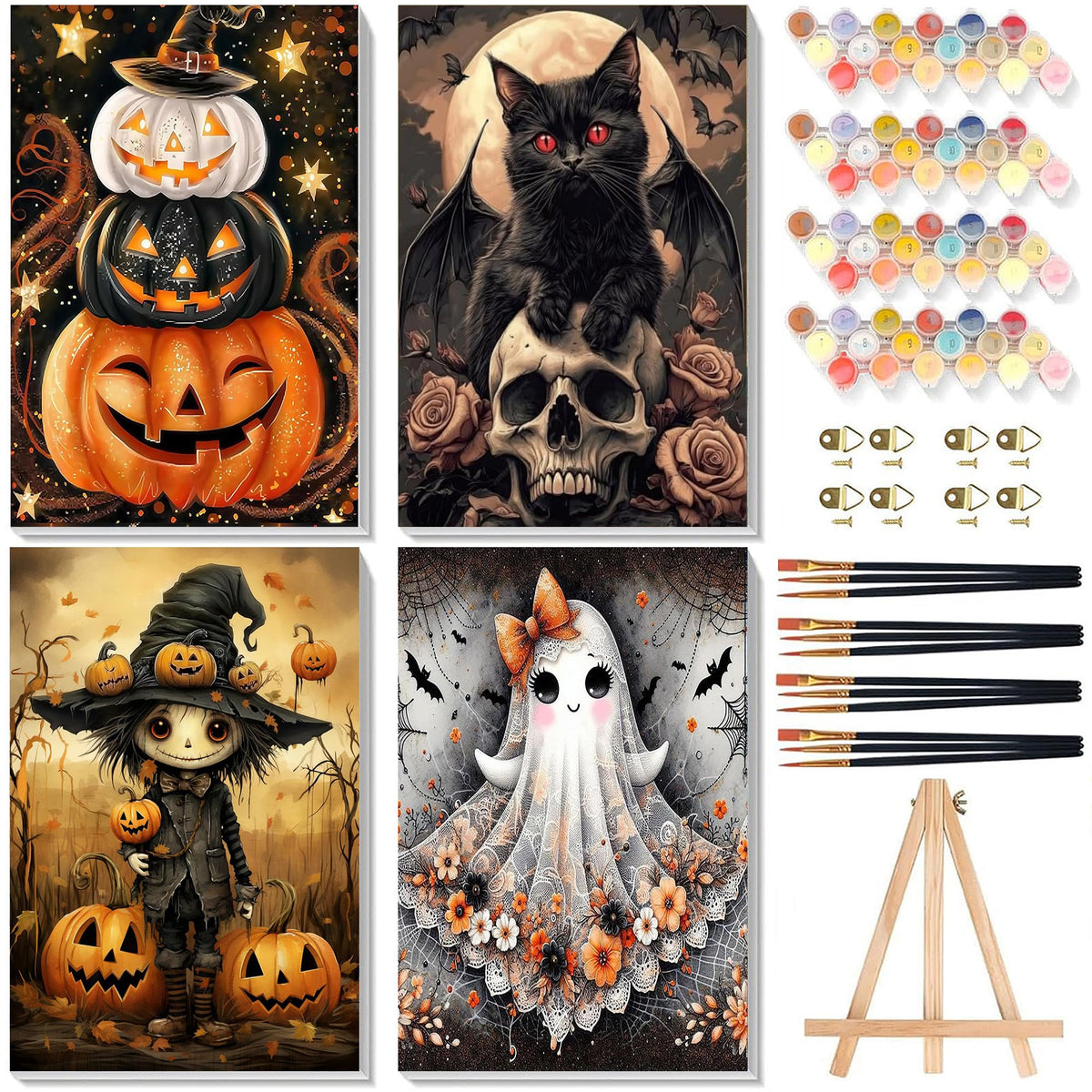 4 Pack Ghost Paint by Numbers for Adults with Framed Canvas - Wooden Easel