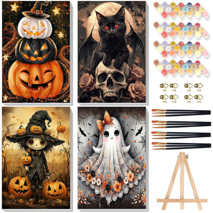 4 Pack Ghost Paint by Numbers for Adults with Framed Canvas - Wooden Easel